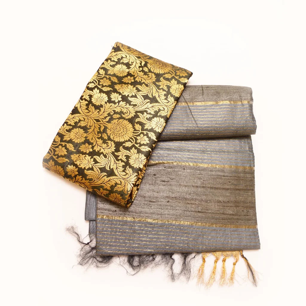 Muga Silk Saree Grey with Contrast Brocade Banarasi Silk Blouse Fabric