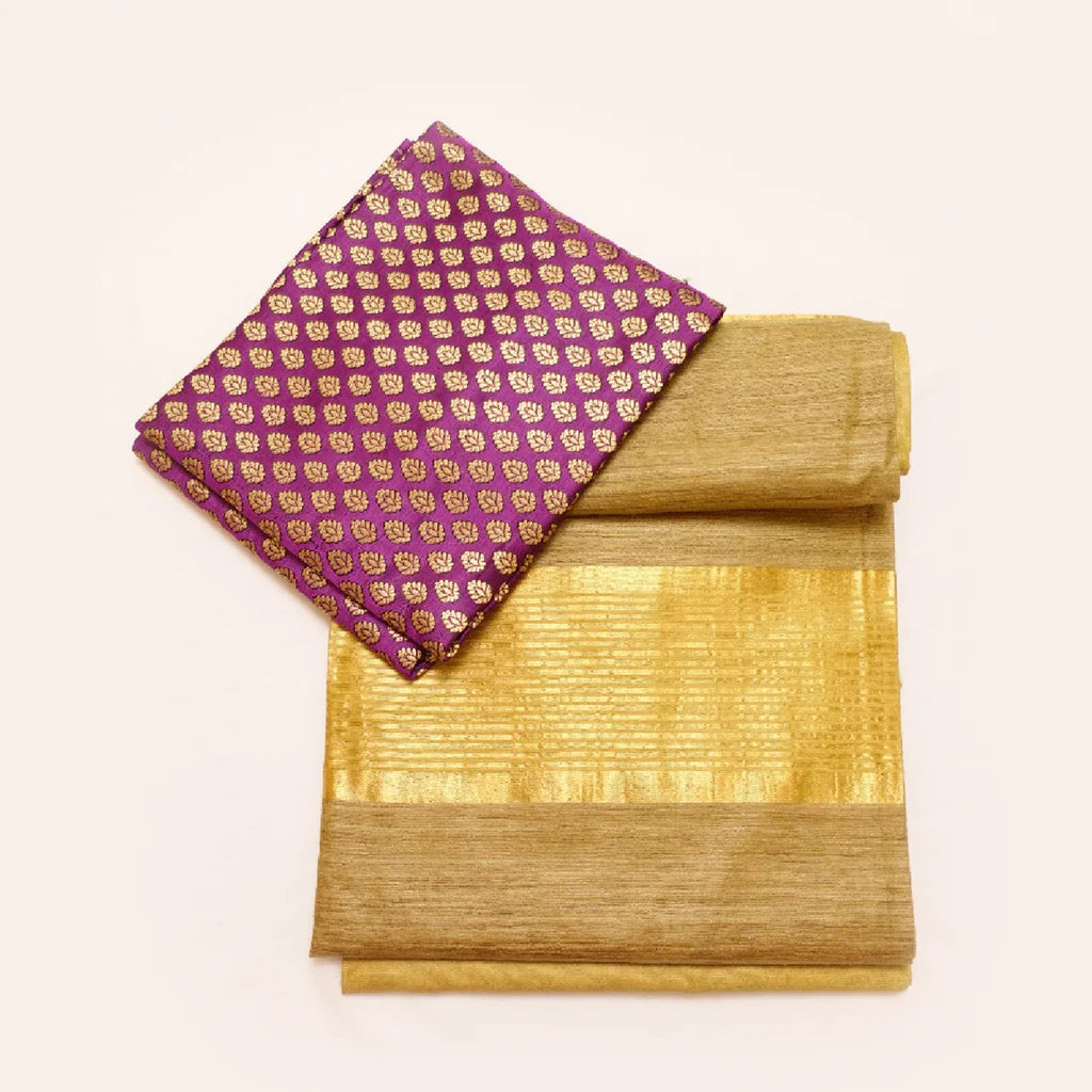 Muga Silk Saree Henna Green with Contrast Brocade Banarasi Silk Blouse Fabric