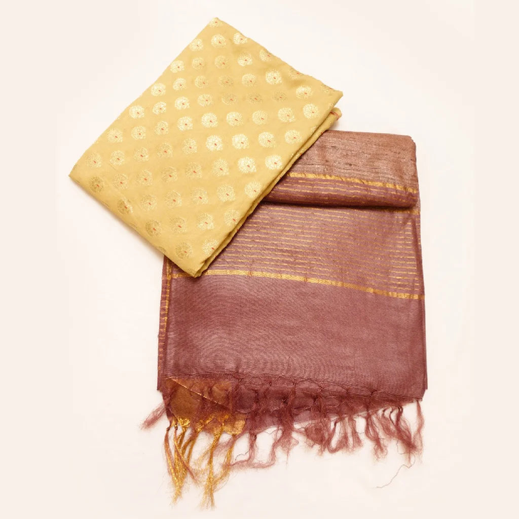 Muga Silk Saree Light Brownish Pink with Contrast Brocade Banarasi Silk Blouse Fabric