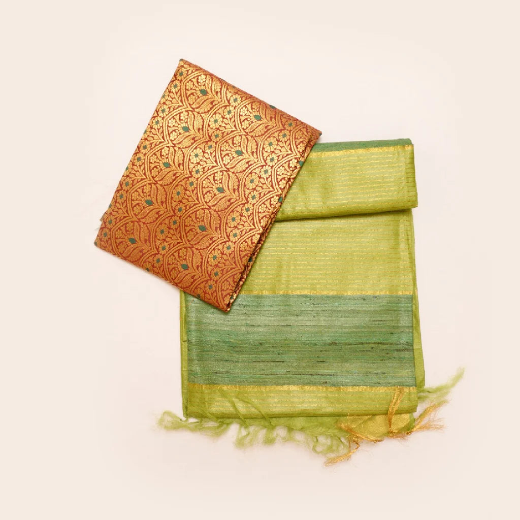 Muga Silk Saree Light Green with Contrast Brocade Banarasi Silk Blouse Fabric