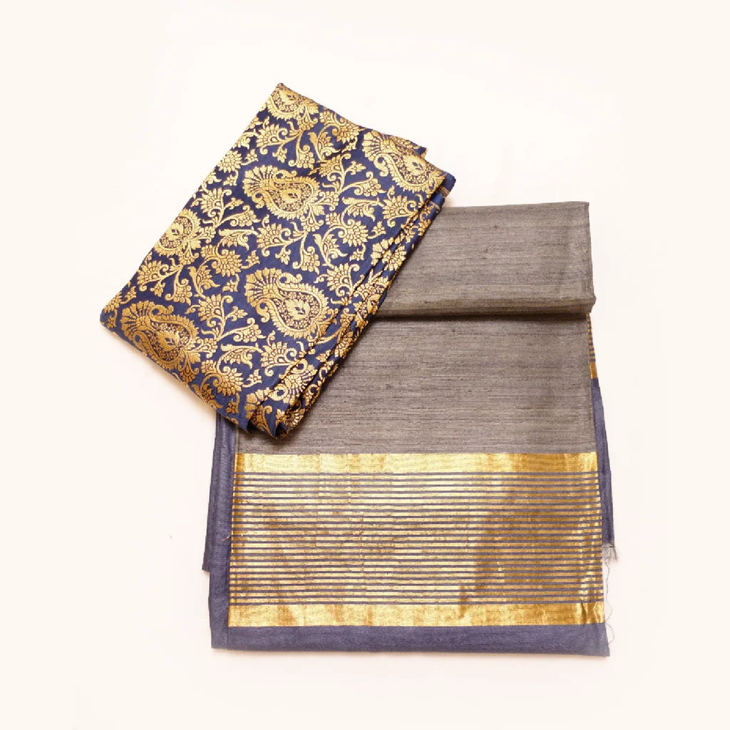 Muga Silk Saree Light Grey with Contrast Brocade Banarasi Silk Blouse Fabric
