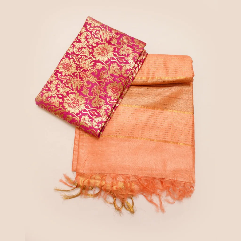 Muga Silk Saree Light Peach with Contrast Brocade Banarasi Silk Blouse Fabric