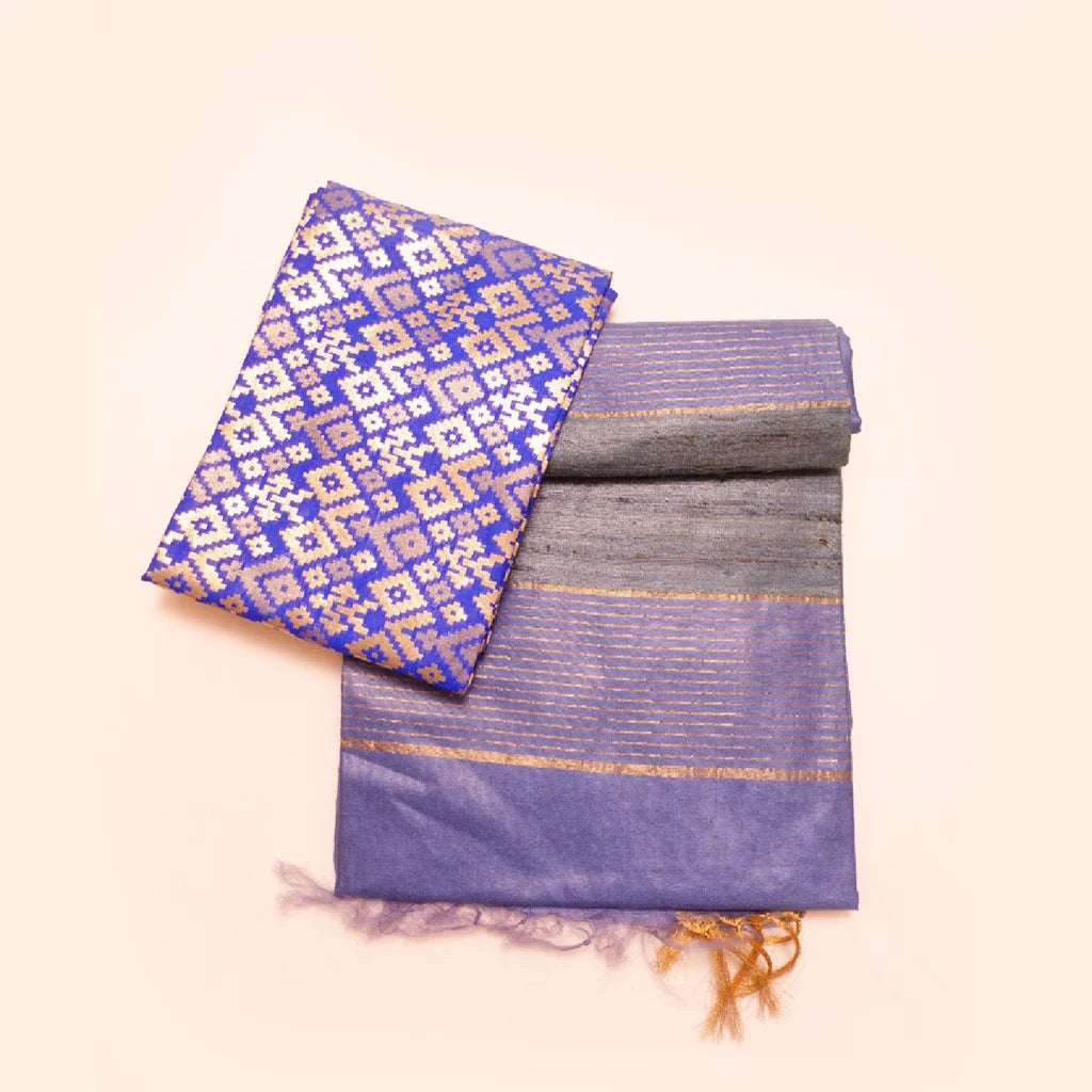 Muga Silk Saree Light Purple with Contrast Brocade Banarasi Silk Blouse Fabric