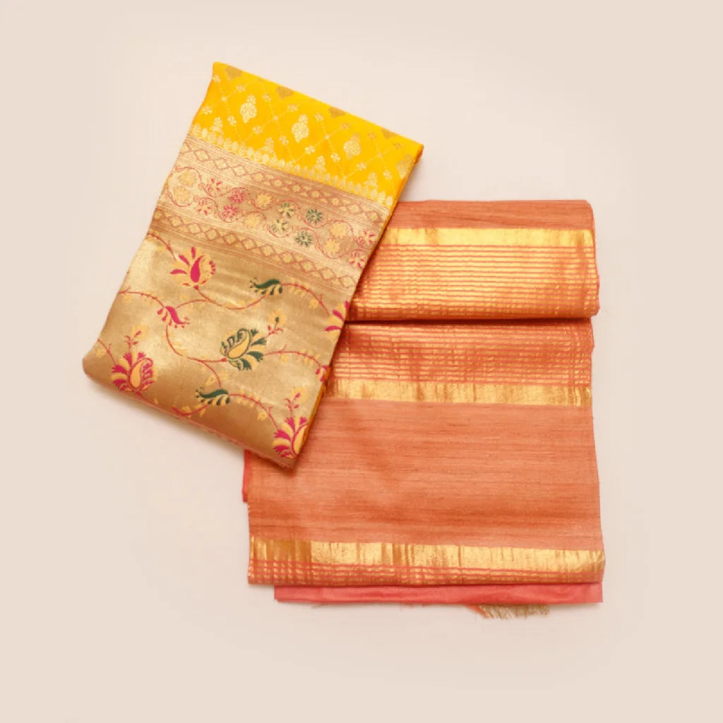 Muga Silk Saree Medium Peach Contrast Brocade Banarasi Silk Blouse Fabric