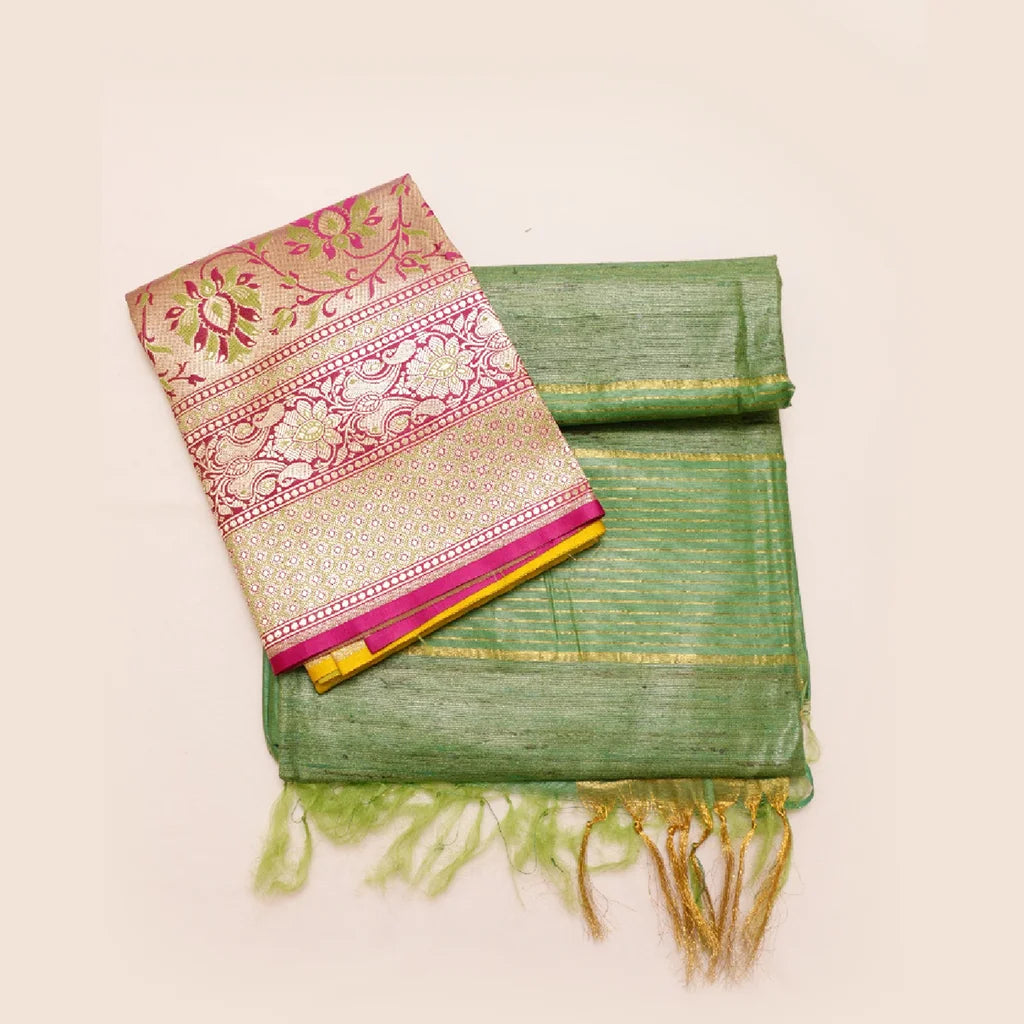 Muga Silk Saree Moss Green with Contrast Brocade Banarasi Silk Blouse Fabric