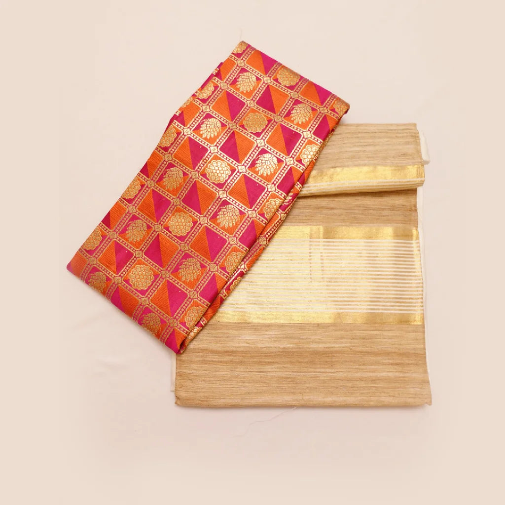 Muga Silk Saree Off White Golden with Contrast Brocade Banarasi Silk Blouse Fabric