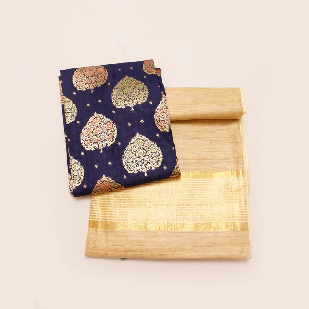 Muga Silk Saree Off White with Contrast Brocade Banarasi Silk Blouse Fabric