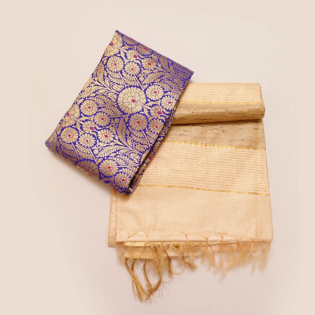 Muga Silk Saree Off White with Contrast Brocade Banarasi Silk Blouse Fabric