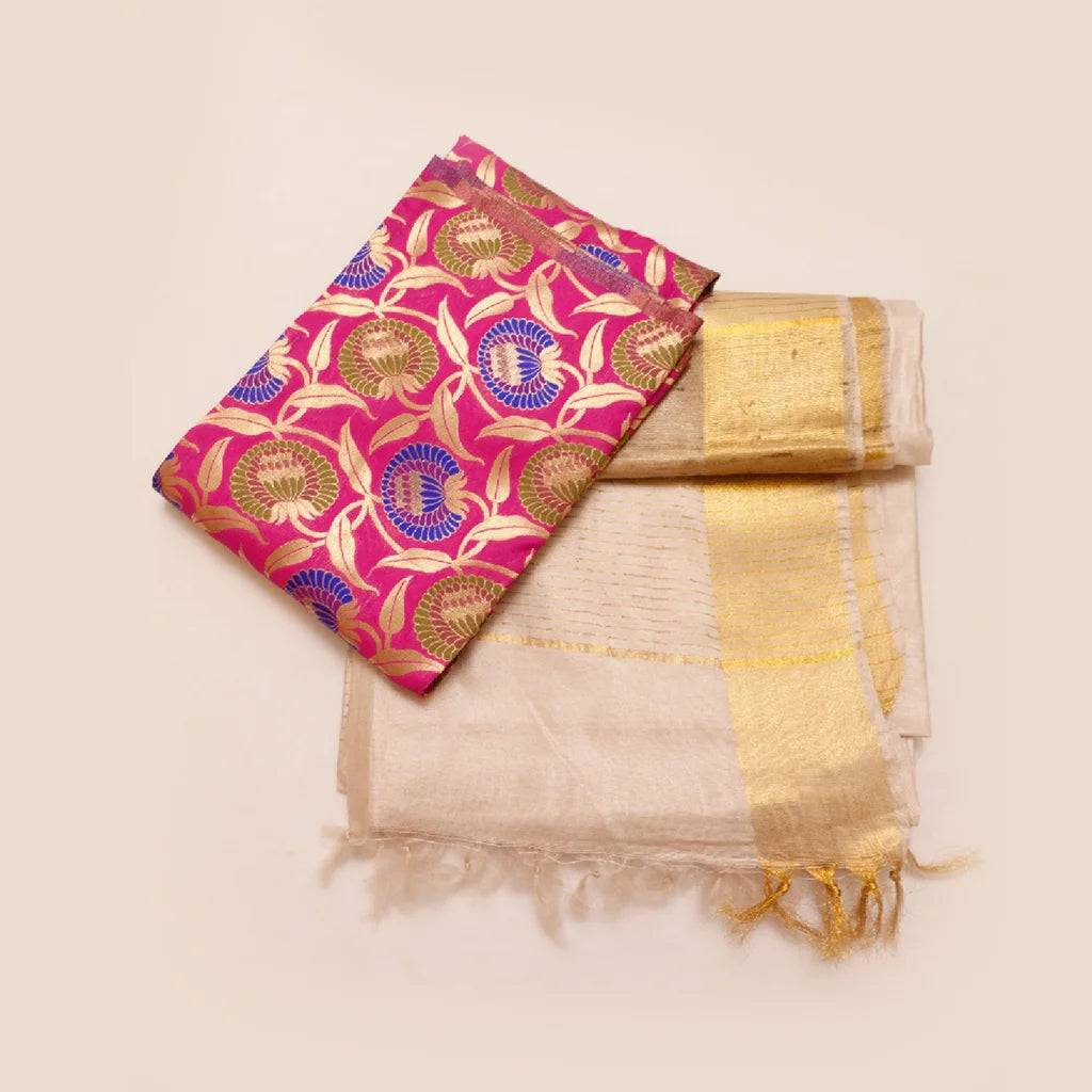 Muga Silk Saree Off White with Contrast Brocade Banarasi Silk-Blouse-Fabric