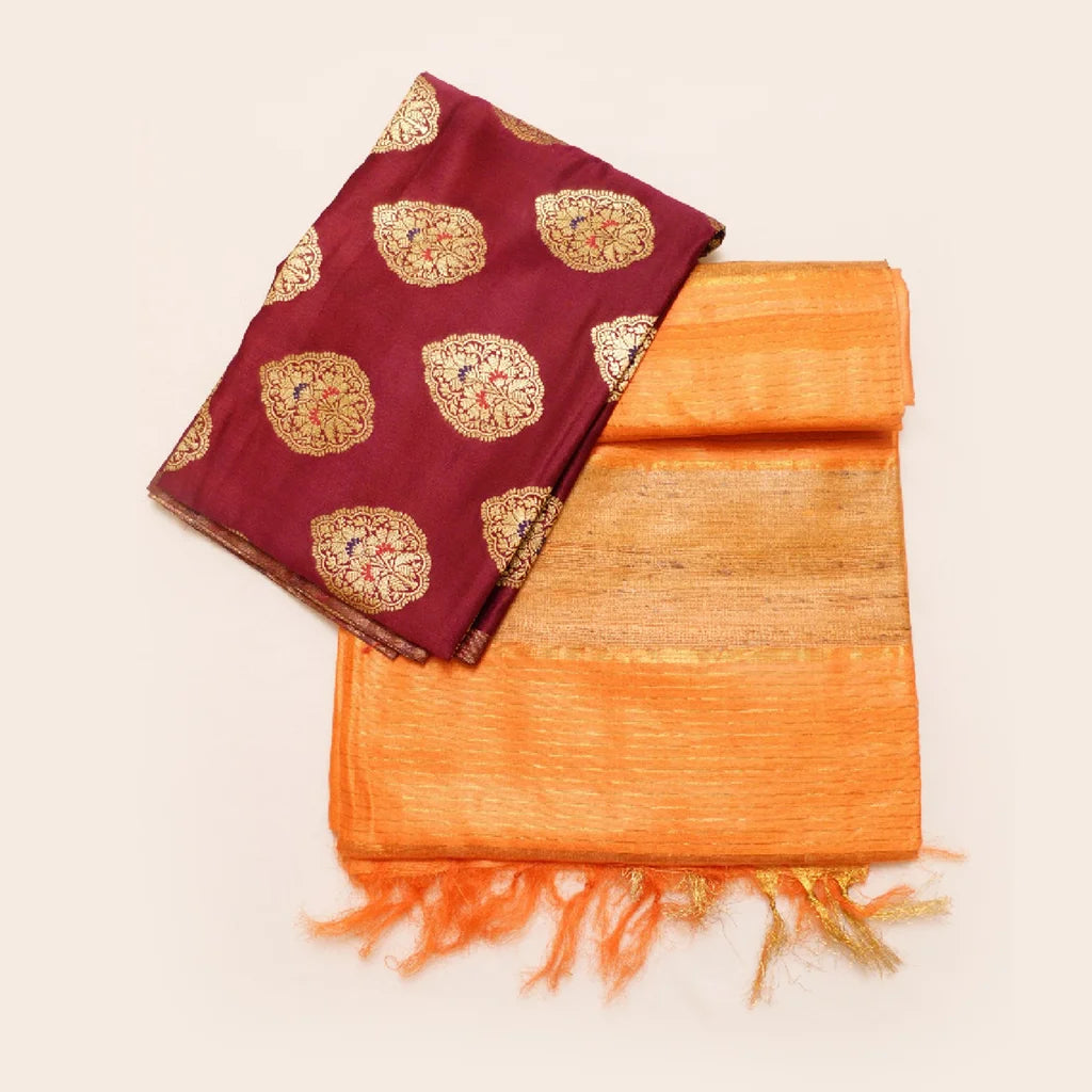 Muga Silk Saree Orange with Contrast Brocade Banarasi Silk Blouse Fabric