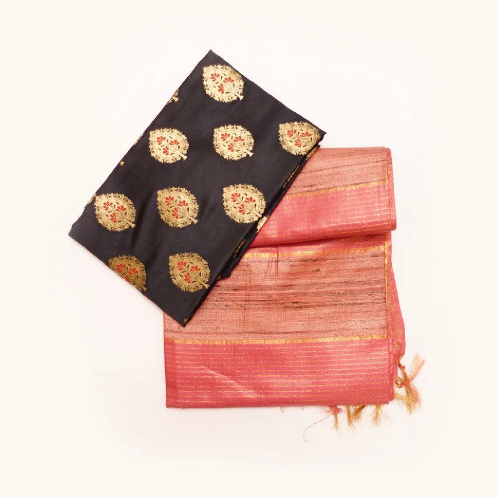 Muga Silk Saree Peach with Contrast Brocade Banarasi Silk Blouse Fabric
