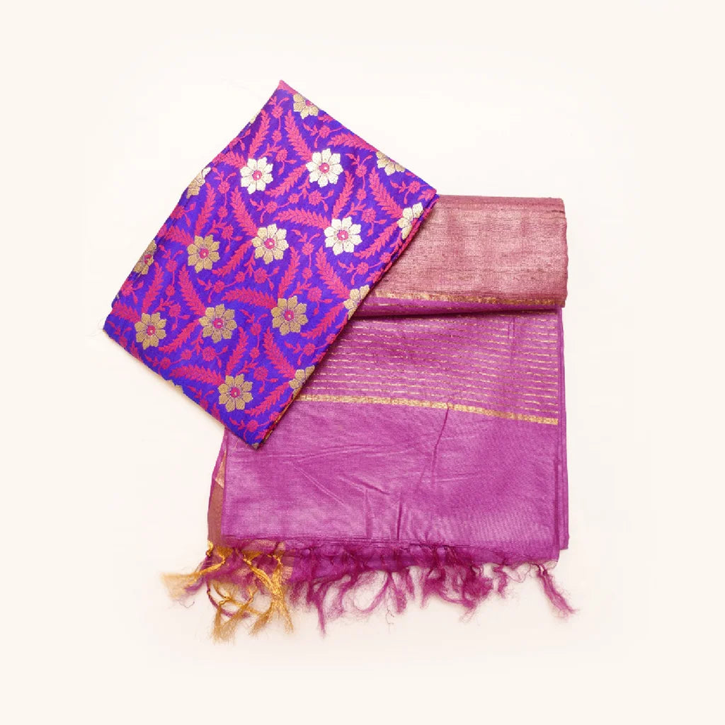 Muga Silk Saree Purple with Contrast Brocade Banarasi Silk Blouse Fabric