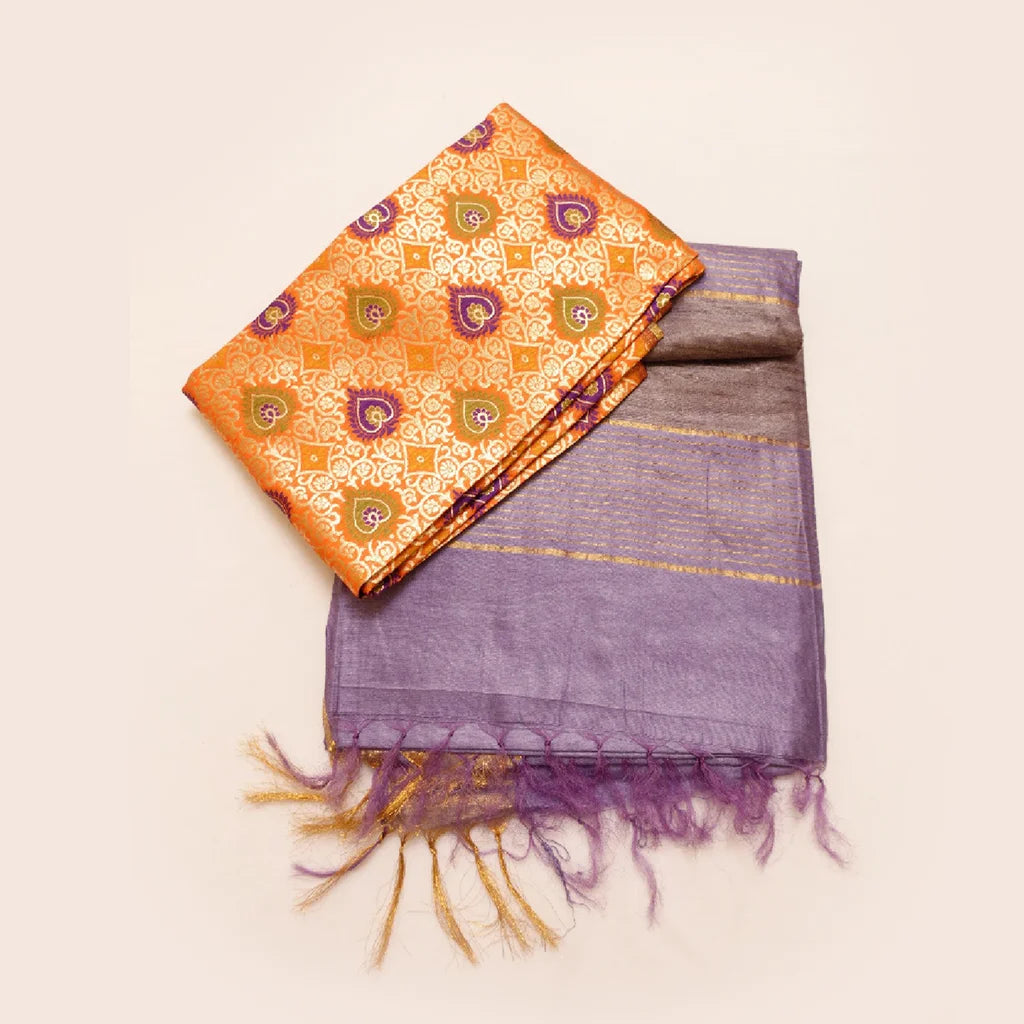 Muga Silk Saree Purplish Grey with Contrast Brocade Banarasi Silk Blouse Fabric