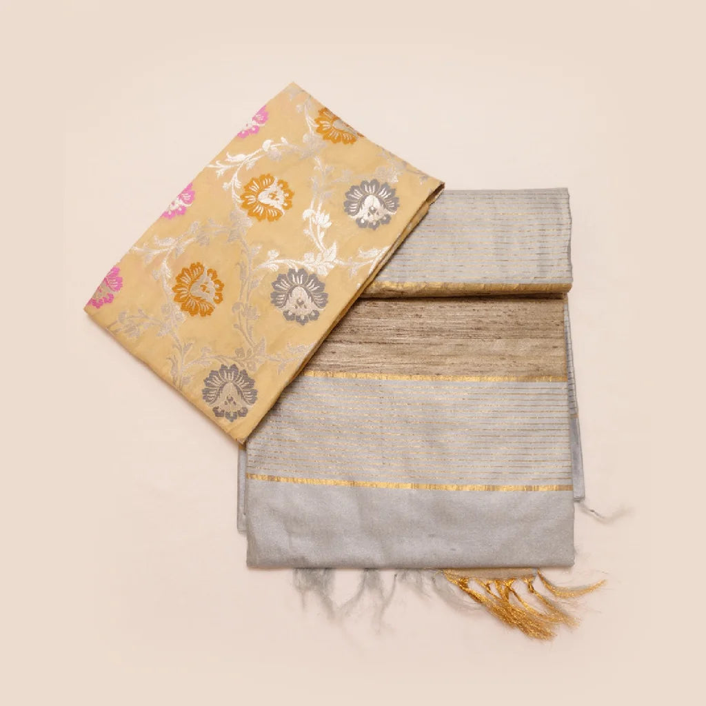 Muga Silk Saree Silver Grey with Contrast Brocade Banarasi Silk Blouse Fabric