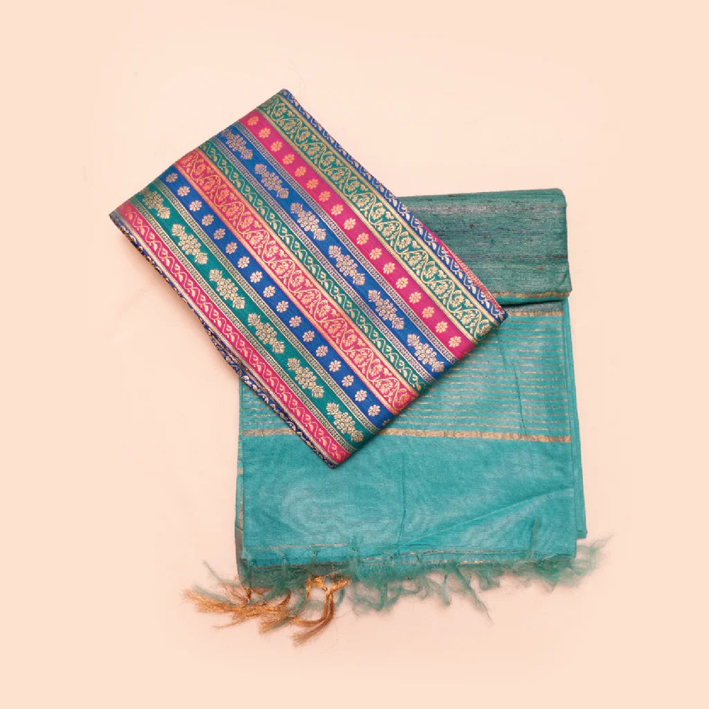 Muga Silk Saree Teal with Contrast Brocade Banarasi Silk Blouse Fabric